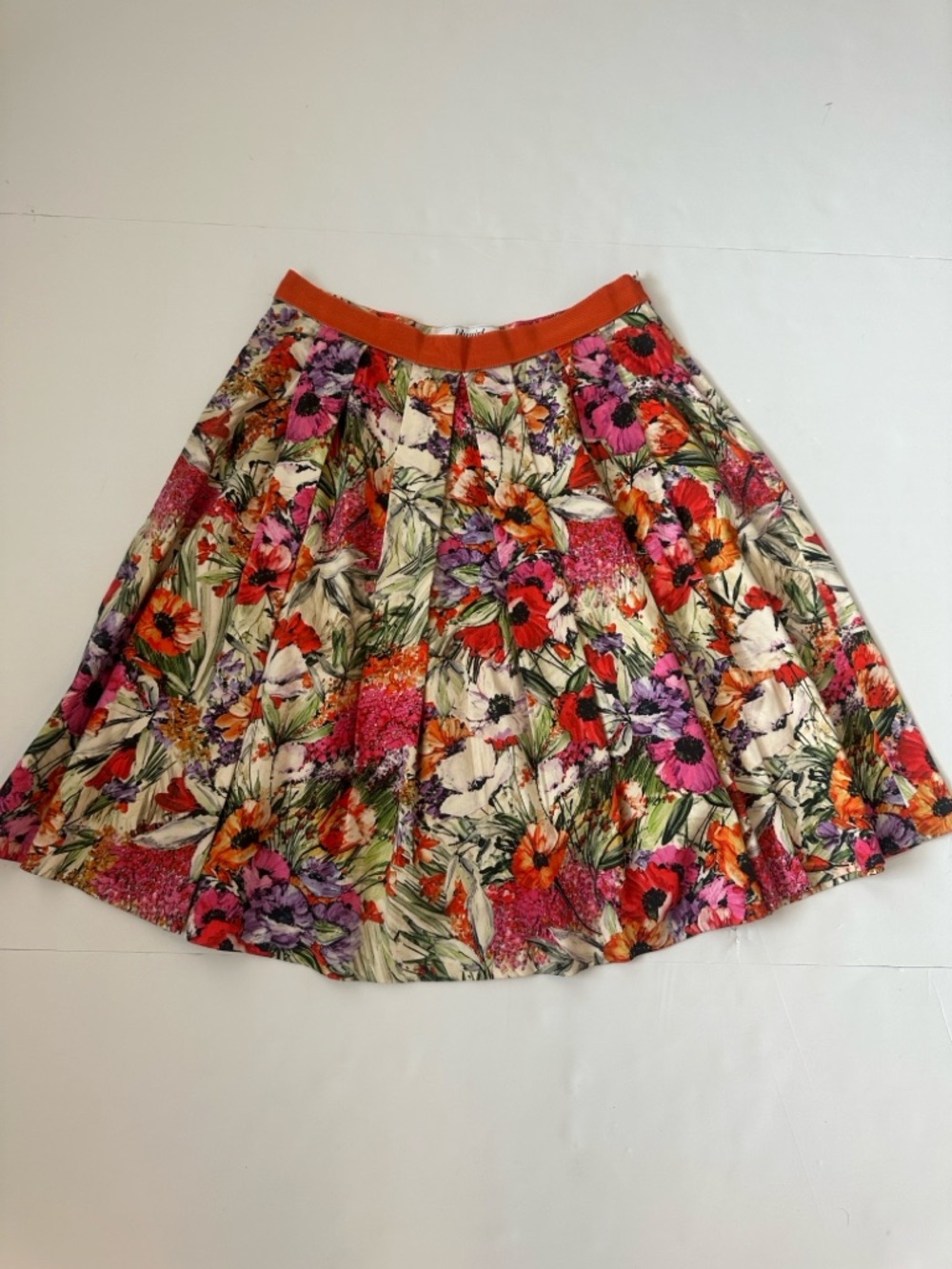 Blugirl Blumarine Orange Purple Floral Pleated A-Line Skirt Sz 6